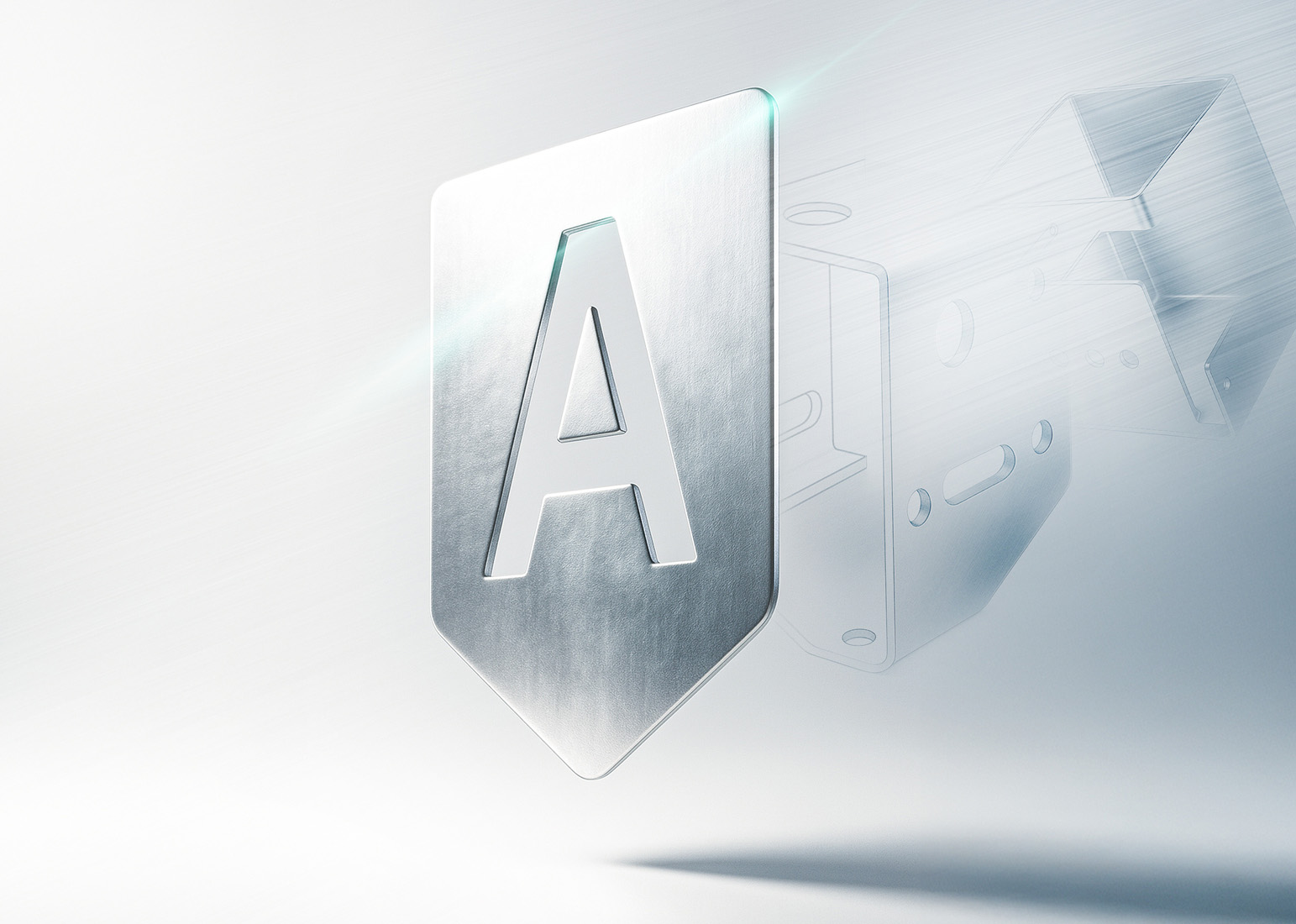 Metallschild mit eingeprägtem Buchstaben A vor technischer Zeichnung