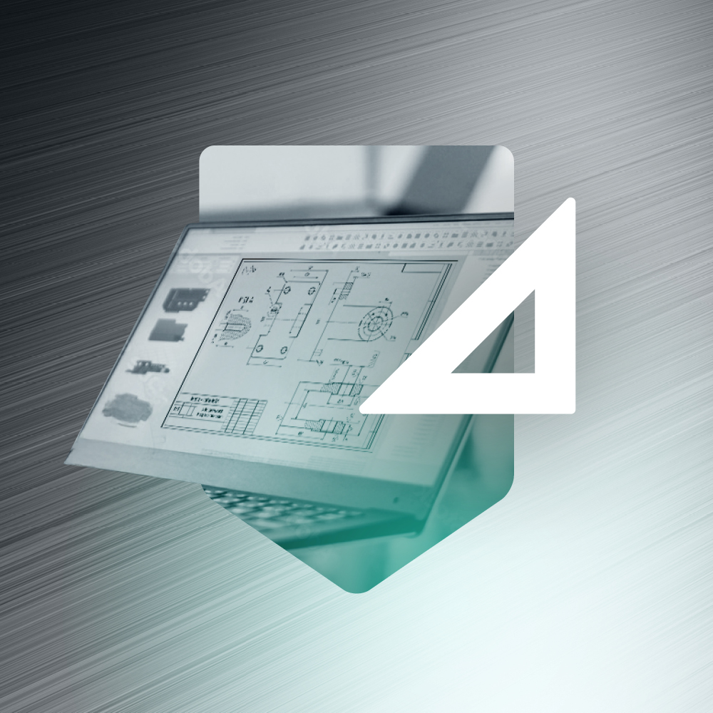 A laptop displaying CAD engineering drawings, overlaid with a graphic symbol on a brushed metal background.