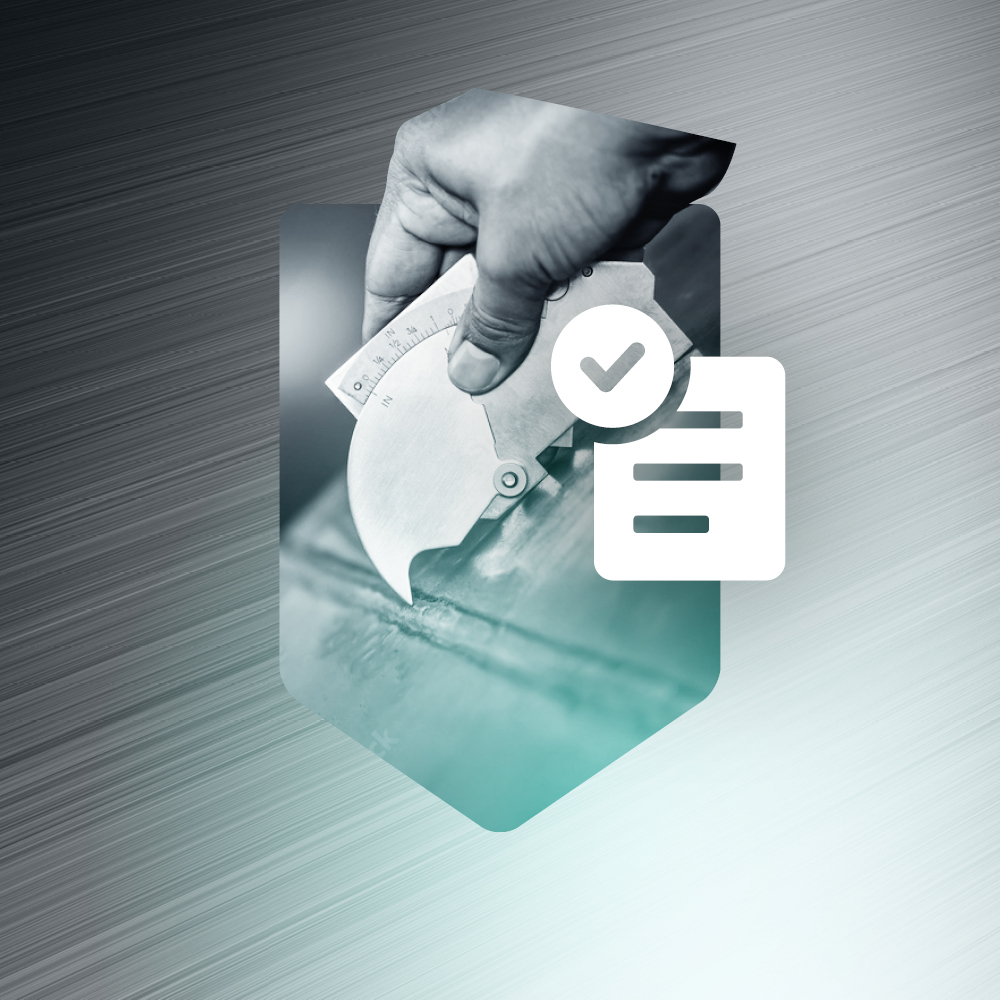 Hand measuring a weld seam with a gauge, accompanied by a checkmark and document icon.