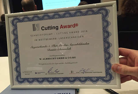 Urkunde für den 1. Platz des Cutting Awards 2016 – Kategorie Laserschneiden