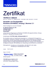 Bescheinigung vom TÜV Nord, dass das Unternehmen W. Albrecht GmbH & Co. KG als Hersteller von Druckgeräten nach Richtlinie 2014/68/EU, Anhang I, Nummer 3.1 überprüft und anerkannt wurde.