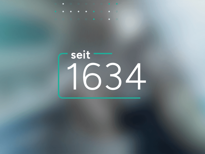 Graphic with the text 'since 1634' in a bright, blurred background with turquoise accents.