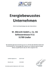 Hiermit wird der Firma W. Albrecht GmbH& Co. KG bescheinigt, ein energiebewusstes Unternehmen nach der Verordnung SpaEfV §5 zu sein.
