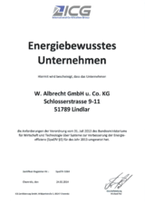 Hiermit wird der Firma W. Albrecht GmbH& Co. KG bescheinigt, ein energiebewusstes Unternehmen nach der Verordnung SpaEfV §5 zu sein.
