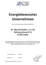 Hiermit wird der Firma W. Albrecht GmbH& Co. KG bescheinigt, ein energiebewusstes Unternehmen nach der Verordnung SpaEfV §5 zu sein.
