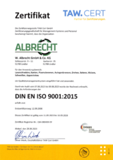 TAW Cert bescheinigt W. Albrecht GmbH & Co. KG ein Qualitätsmanagement nach DIN EN ISO 9001 für den Geltungsbereich Laserschneiden, Kanten, Plasmabrennen, Autogenbrennen, Drehen, Bohren, Walzen, Schweißen und Apparatebau.
