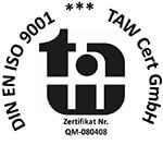 Siegel DIN EN ISO 9001 TAW Cert GmbH / Zertifikat-Nr. QM 080408