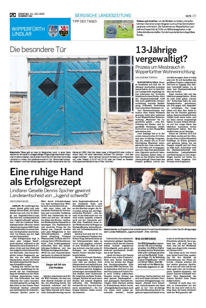 Eine ruhige Hand als Erfolgsrezept - Artikel der Bergischen Landeszeitung vom 21.07.2015